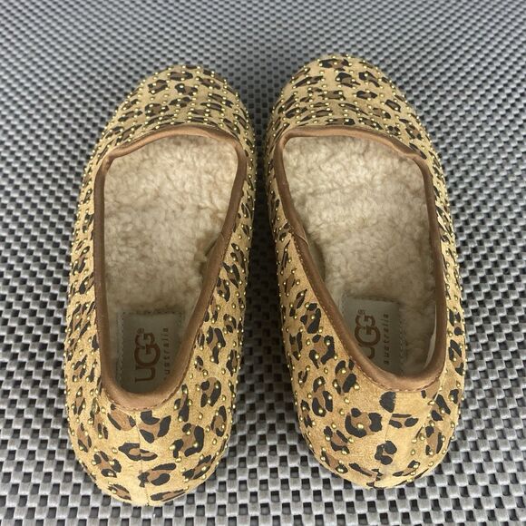 UGG Alloway Studded Ballet Flat Shoes 5 Brown Animal Print Leather Sheepskin - Picture 8 of 12